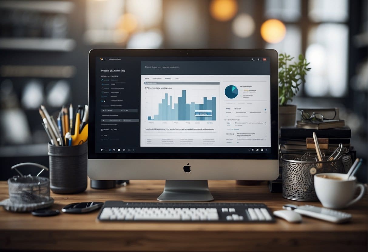 A computer displaying a website with SEO elements, such as meta tags and keyword optimization. A web designer at work, surrounded by design tools and SEO resources