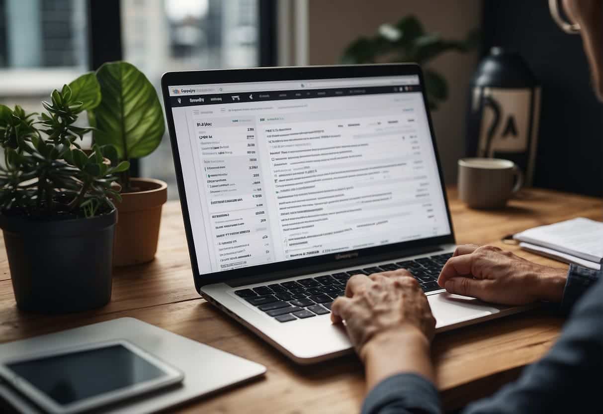 A person compares Shopify email and Mailchimp pricing structures using a computer and spreadsheets