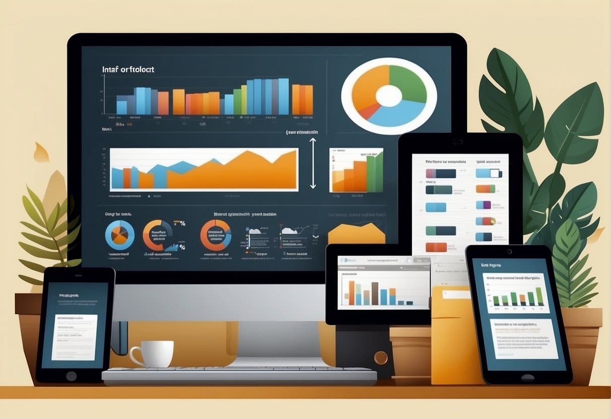 An illustrator could recreate a scene with a computer screen displaying website analytics tools and SEO basics
