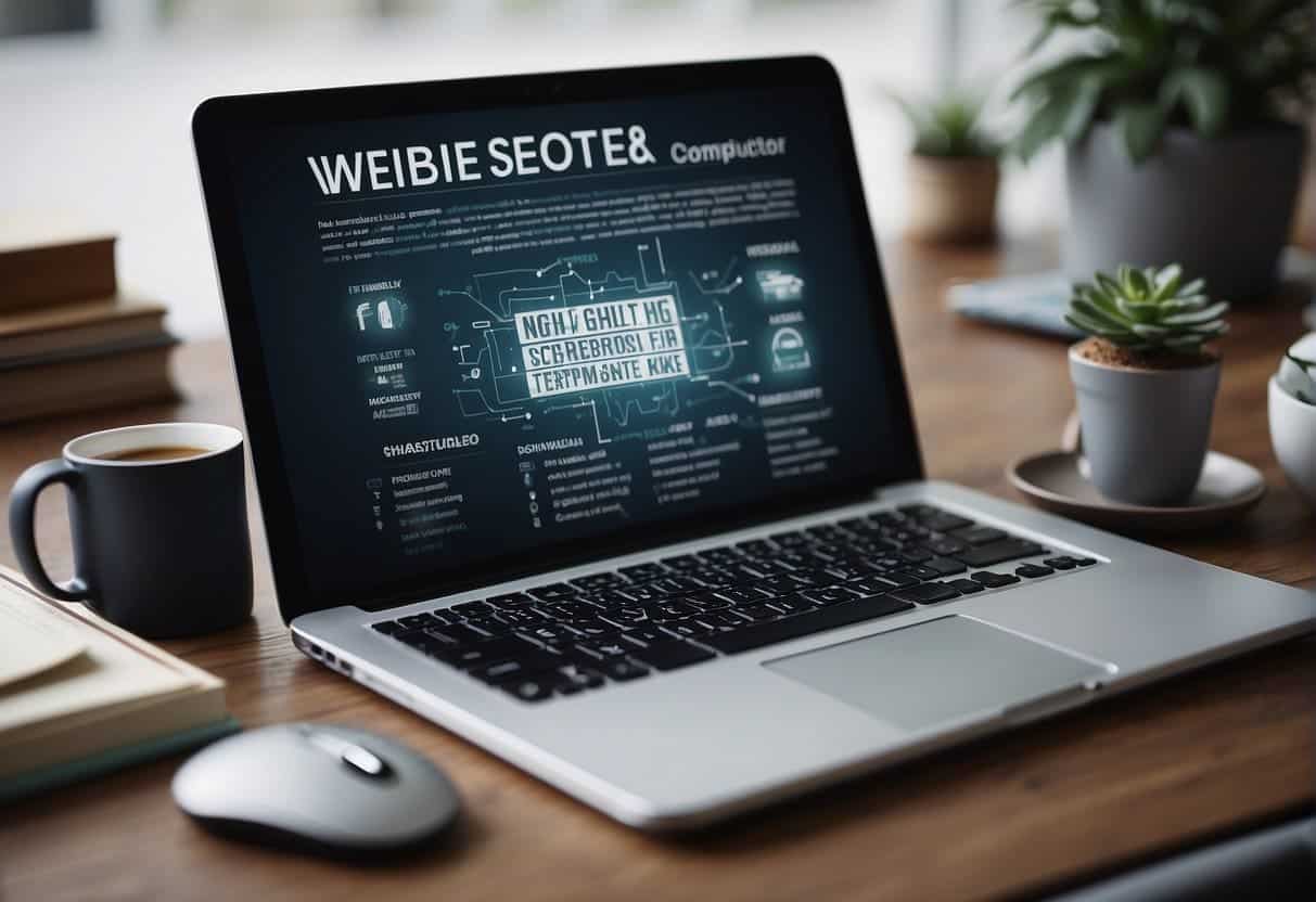 A computer screen displaying a website with optimized SEO elements, surrounded by books and notes on SEO techniques