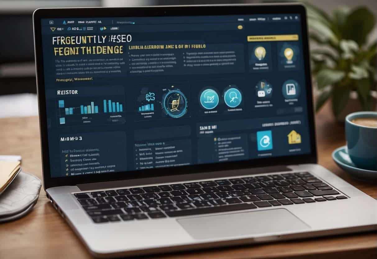 A computer screen displaying a webpage with "Frequently Asked Questions Basics of SEO for Web Designers" as the title, surrounded by various web design and SEO related icons and graphics