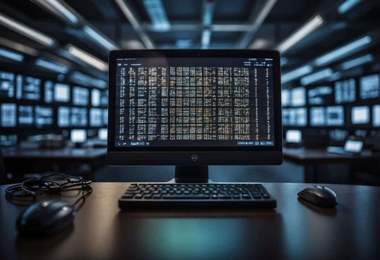 A computer with ML algorithms running on screen, surrounded by security locks and ethical guidelines