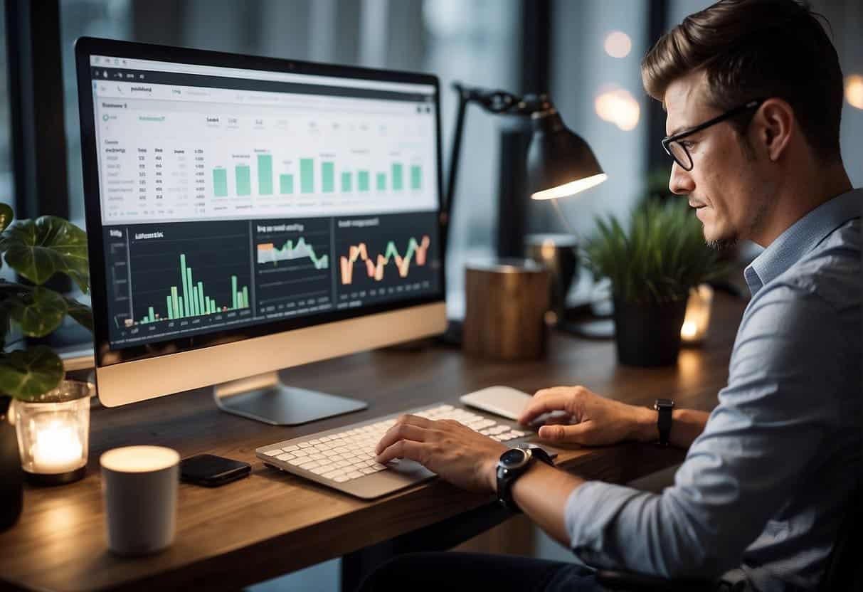 A person analyzing data on a computer screen, comparing Shopify email and Mailchimp engagement metrics. Multiple graphs and charts displayed