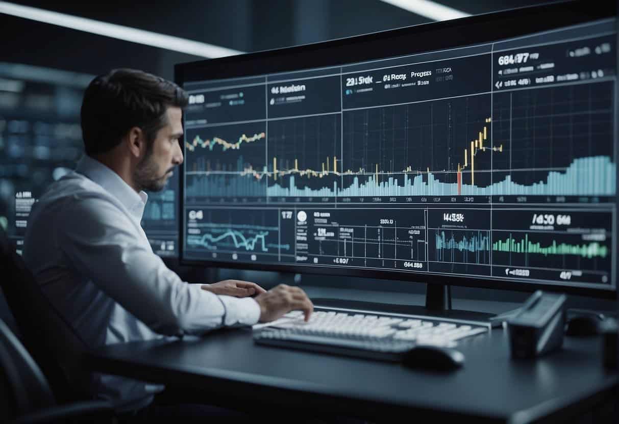 AI analyzes project data, optimizing tasks. Charts and graphs display progress. Digital tools streamline communication and decision-making - Ai project management