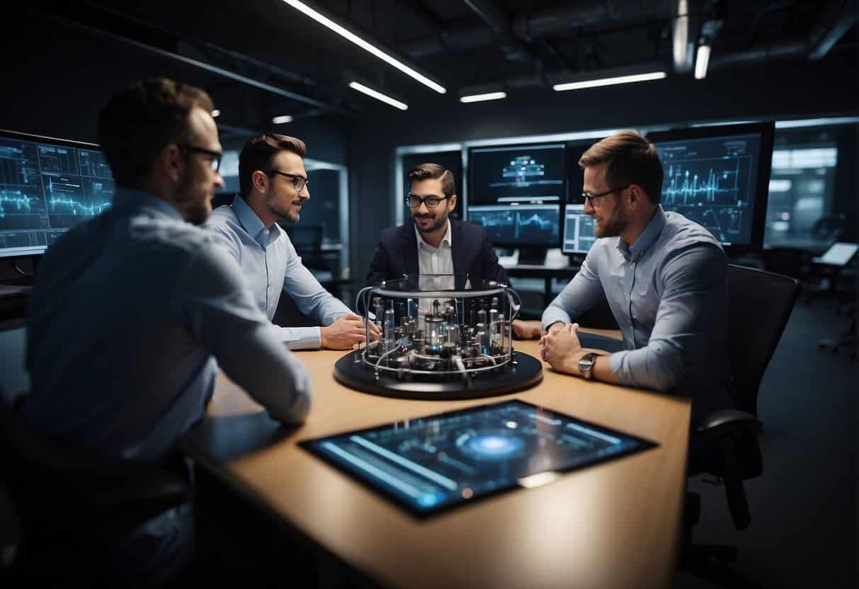 A team of engineers and AI algorithms collaborate on a project, optimizing processes and increasing efficiency through synergy