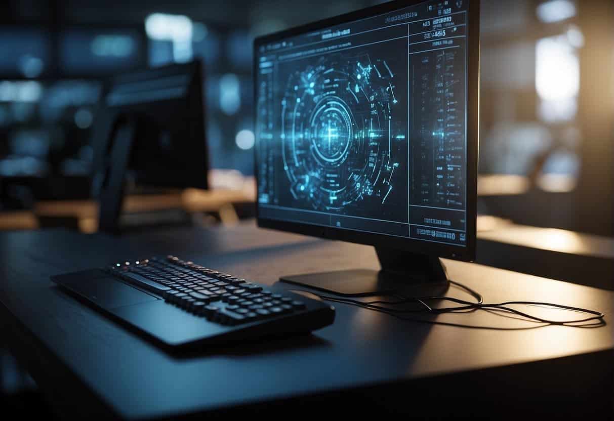 A computer screen displays AI algorithms coordinating project tasks for maximum efficiency