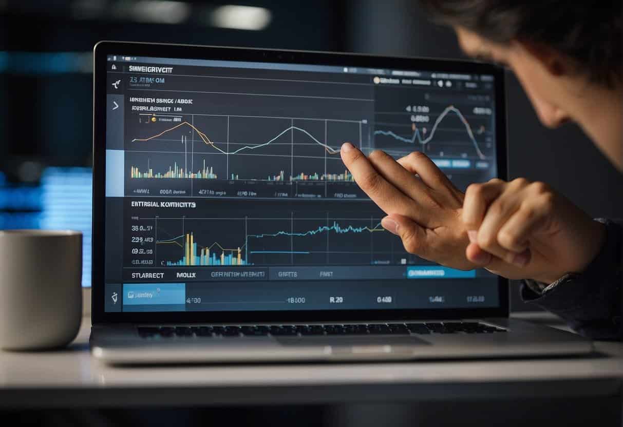 A computer screen displaying data analytics graphs and charts for content repurposing on various platforms. A person adjusting settings on a computer interface