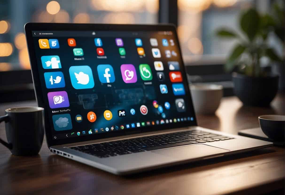 A laptop, tablet, and smartphone arranged on a desk with various social media icons and logos in the background