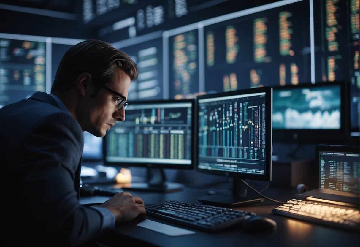 A person analyzing data on a computer, surrounded by research materials, with various platform icons in the background