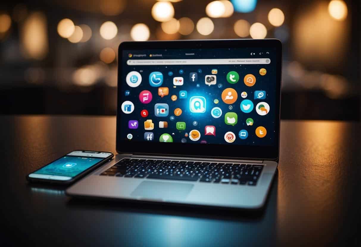 A laptop surrounded by various social media icons, with content being repurposed and shared across different platforms