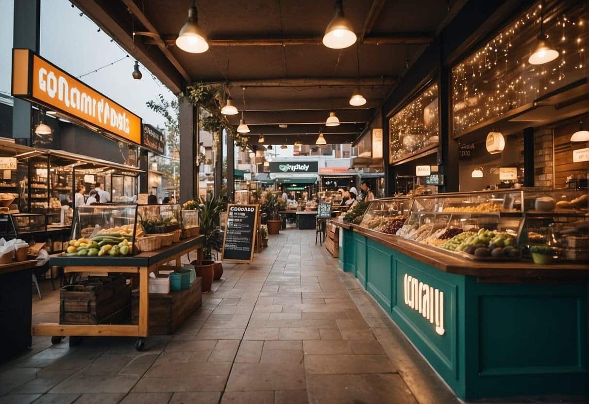 A bustling marketplace with two competing storefronts, one labeled "GoDaddy Ecommerce" and the other "Shopify." Each storefront is adorned with vibrant signage and bustling with activity