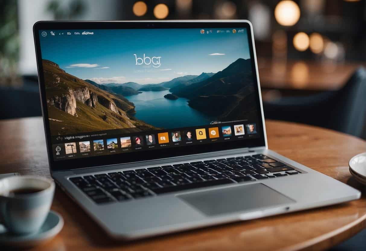 A laptop with a blog and vlog displayed, surrounded by interactive elements like comments, likes, and shares
