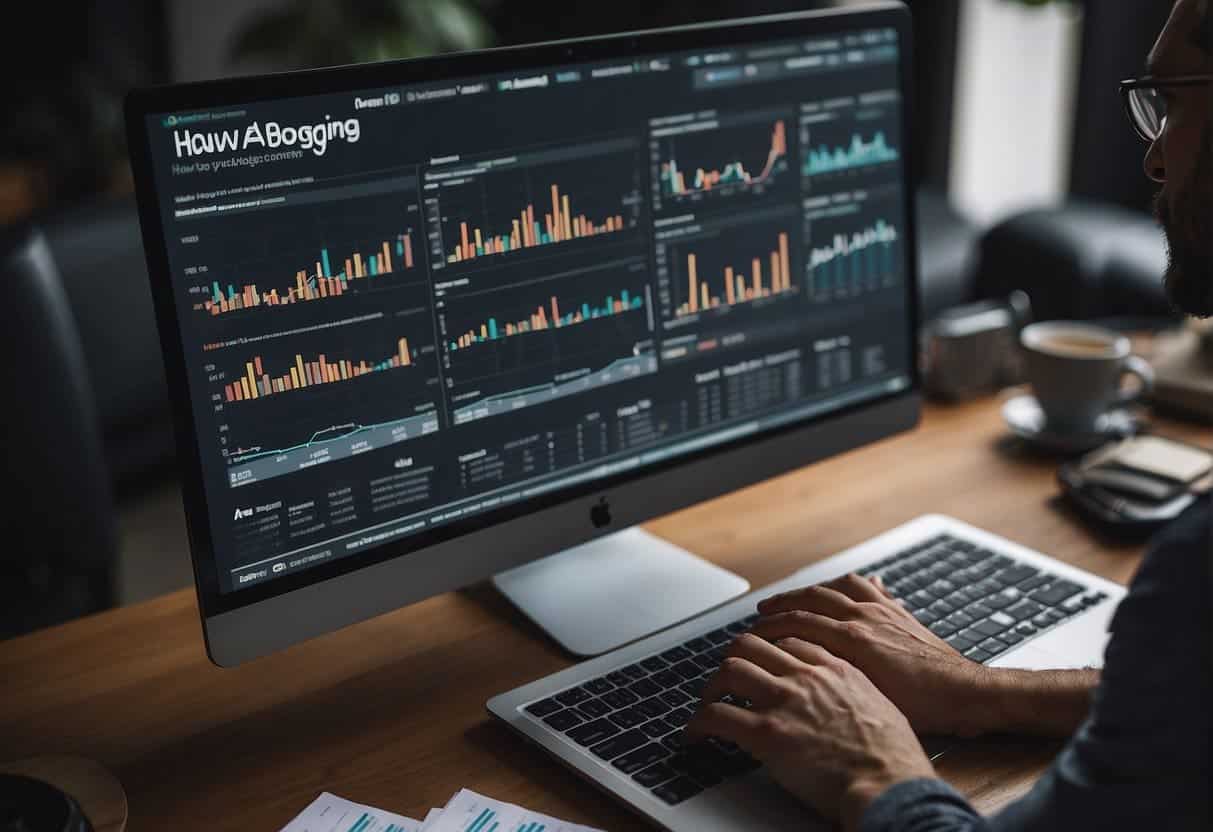 A person analyzing data on a computer screen, surrounded by charts and graphs, with a blog post titled "How to Use Audience Data to Shape Your Blogging Content" displayed prominently