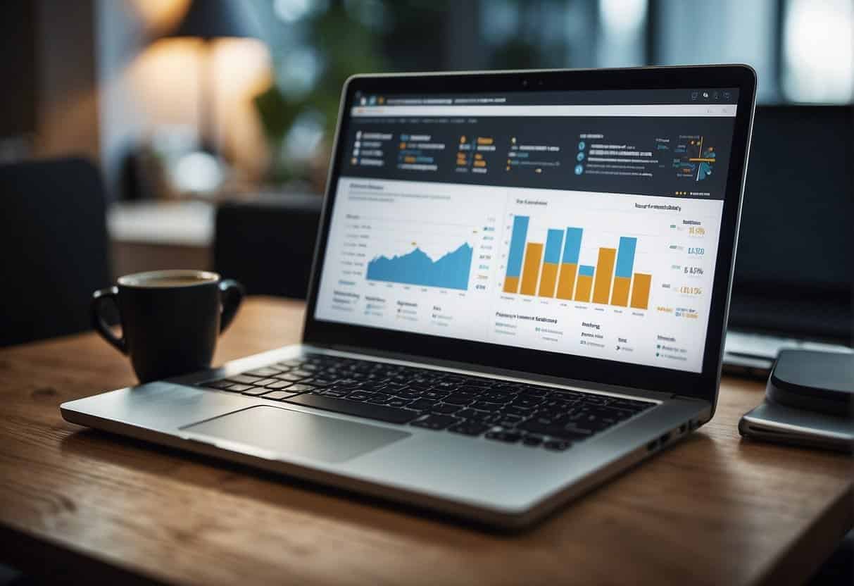 A laptop displaying a blog post with charts and graphs, surrounded by digital marketing tools and audience data insights