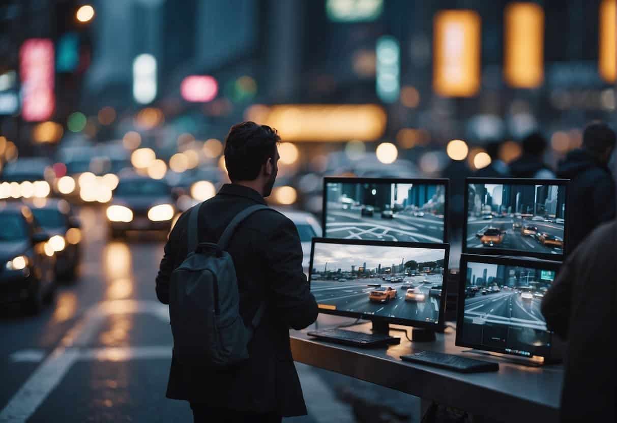 A busy intersection with cars and pedestrians, digital screens displaying audience data, and a blogger typing on a laptop