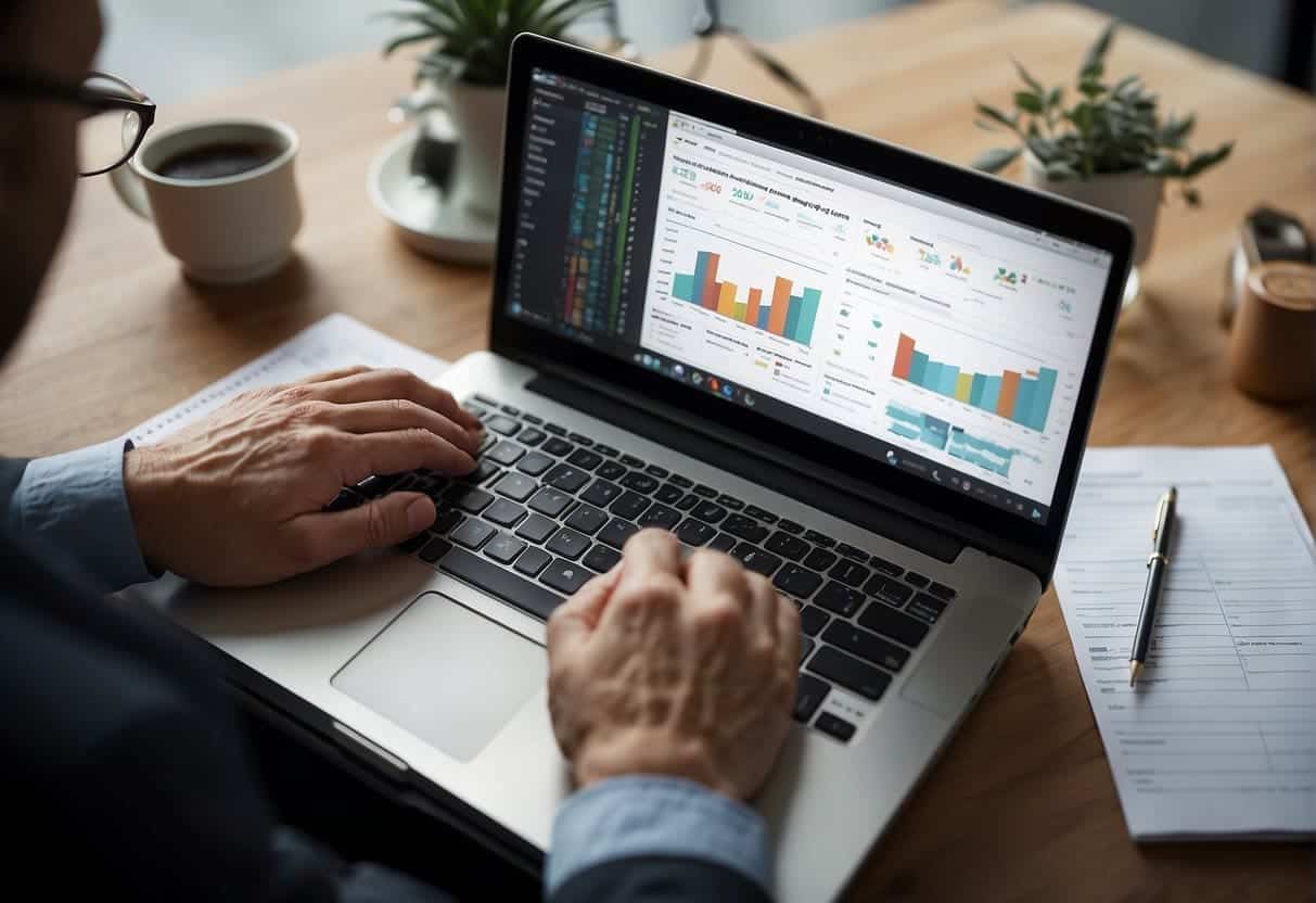 A laptop displaying a keyword research tool, surrounded by charts and graphs. A person's hand types on the keyboard, while another hand holds a notebook with audience data
