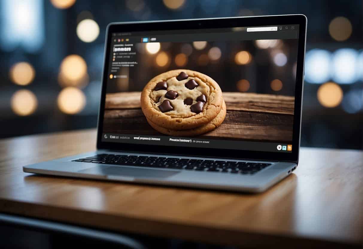 A computer screen displaying a browser with a crossed-out cookie icon, while various online ads appear blurred and distorted in the background