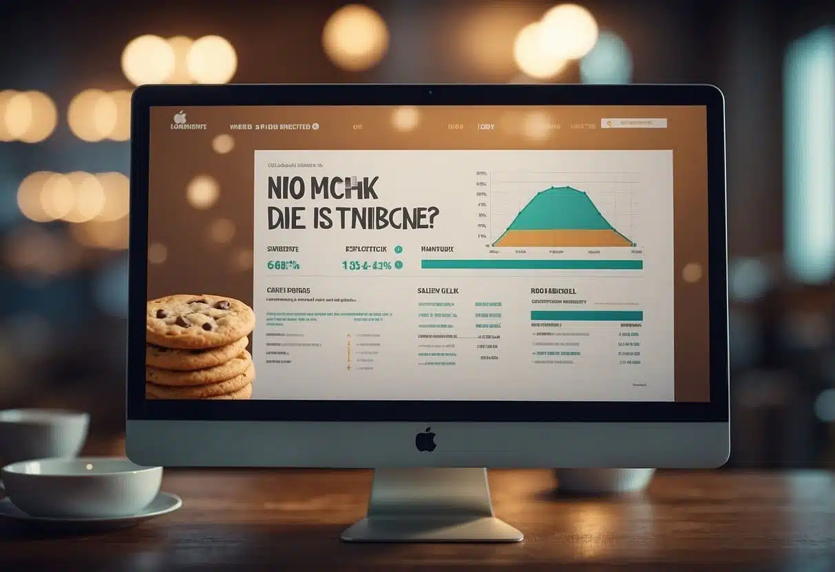 A computer screen displaying a website with a message "No cookies detected" while a graph shows a decline in online ad revenue