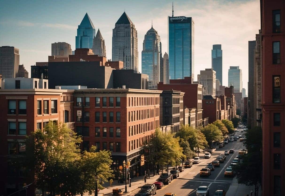 A vibrant city skyline with a mix of modern skyscrapers and traditional storefronts, showcasing the contrast between the scalability and growth options of GoDaddy ecommerce and Shopify