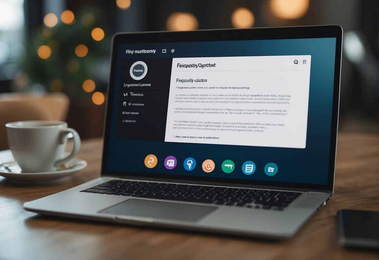 A laptop displaying a "Frequently Asked Questions" webpage with a chatbot icon. A person's hand hovers over the keyboard, ready to type a question