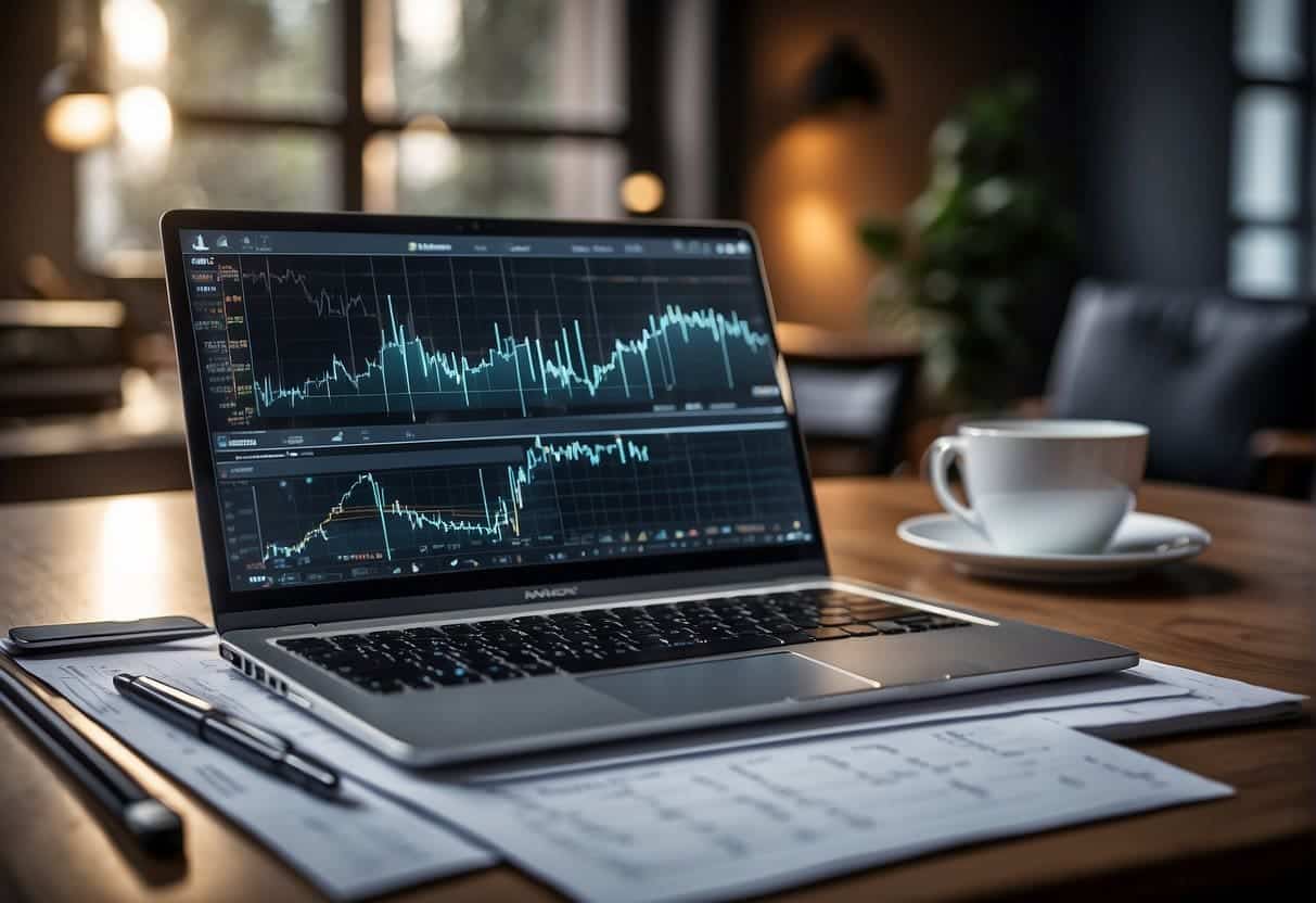 A laptop displaying various graphs and charts, surrounded by a ruler, calculator, and notepad with scribbled equations