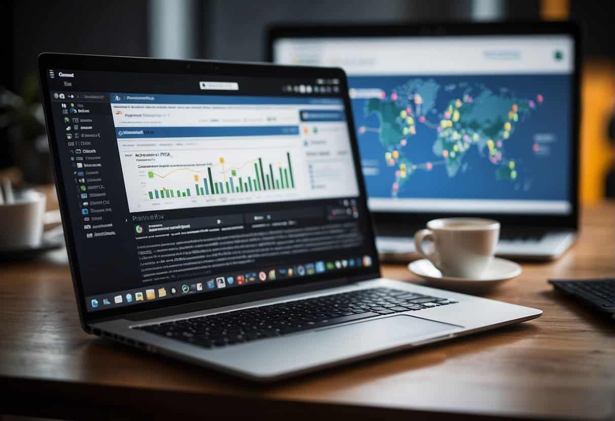 A laptop displaying social media and search platforms, surrounded by organic and paid strategy notes. Algorithm change graphs on the wall