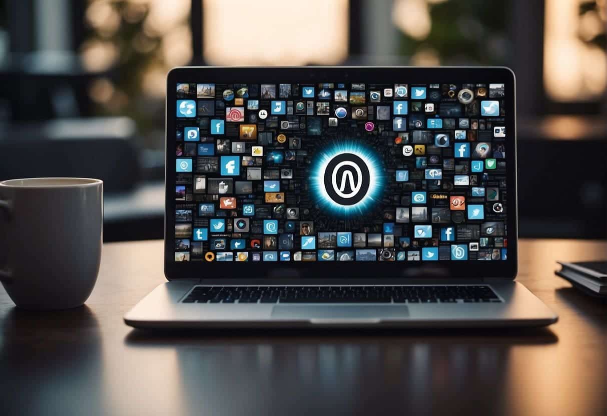 A laptop open on a desk, with social media and search engines displayed on the screen. A blogger and vlogger logos are visible, surrounded by question marks