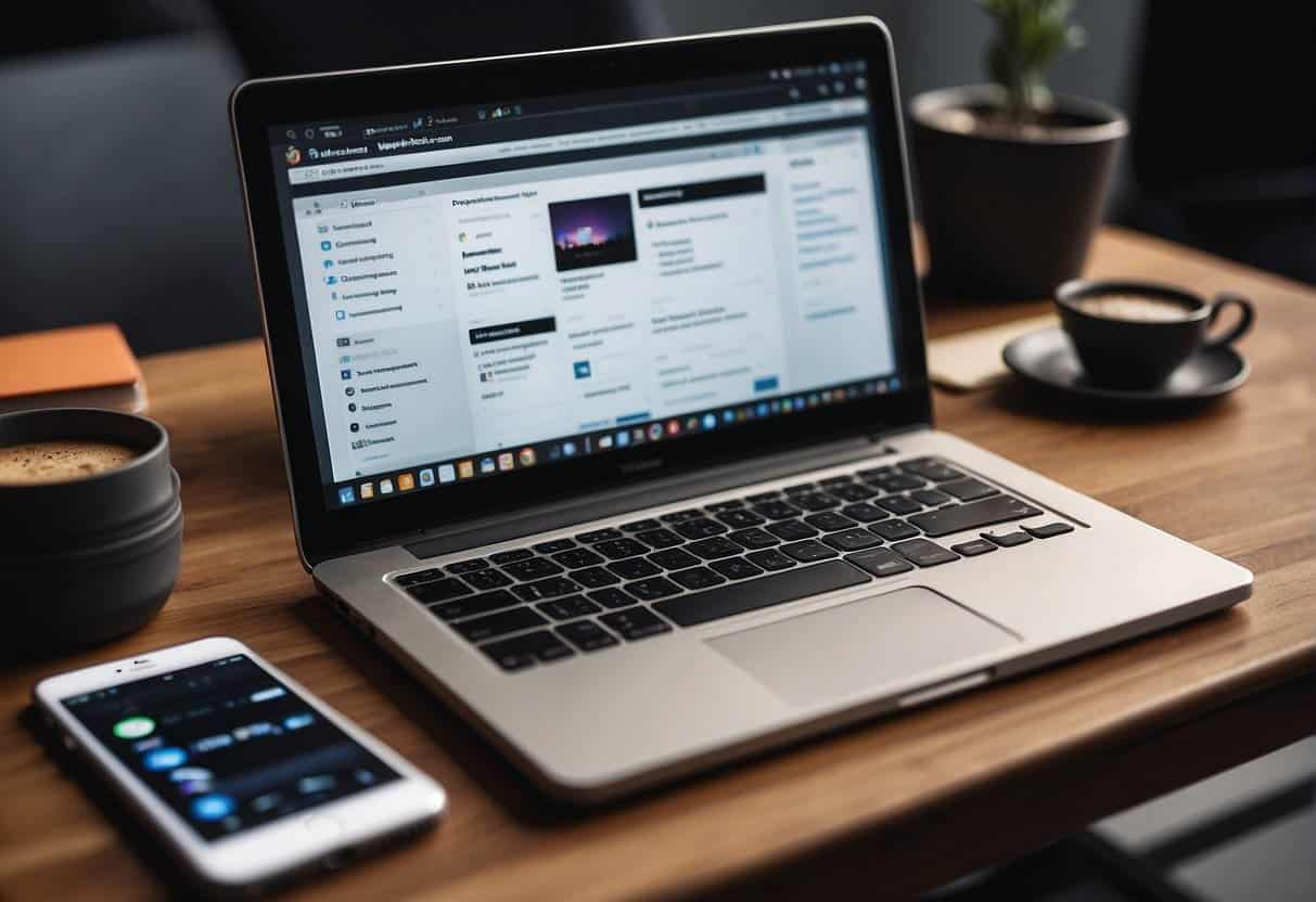 A laptop and smartphone sit on a desk, surrounded by social media and search engine icons. A blogger's notebook with content strategy notes lies open nearby
