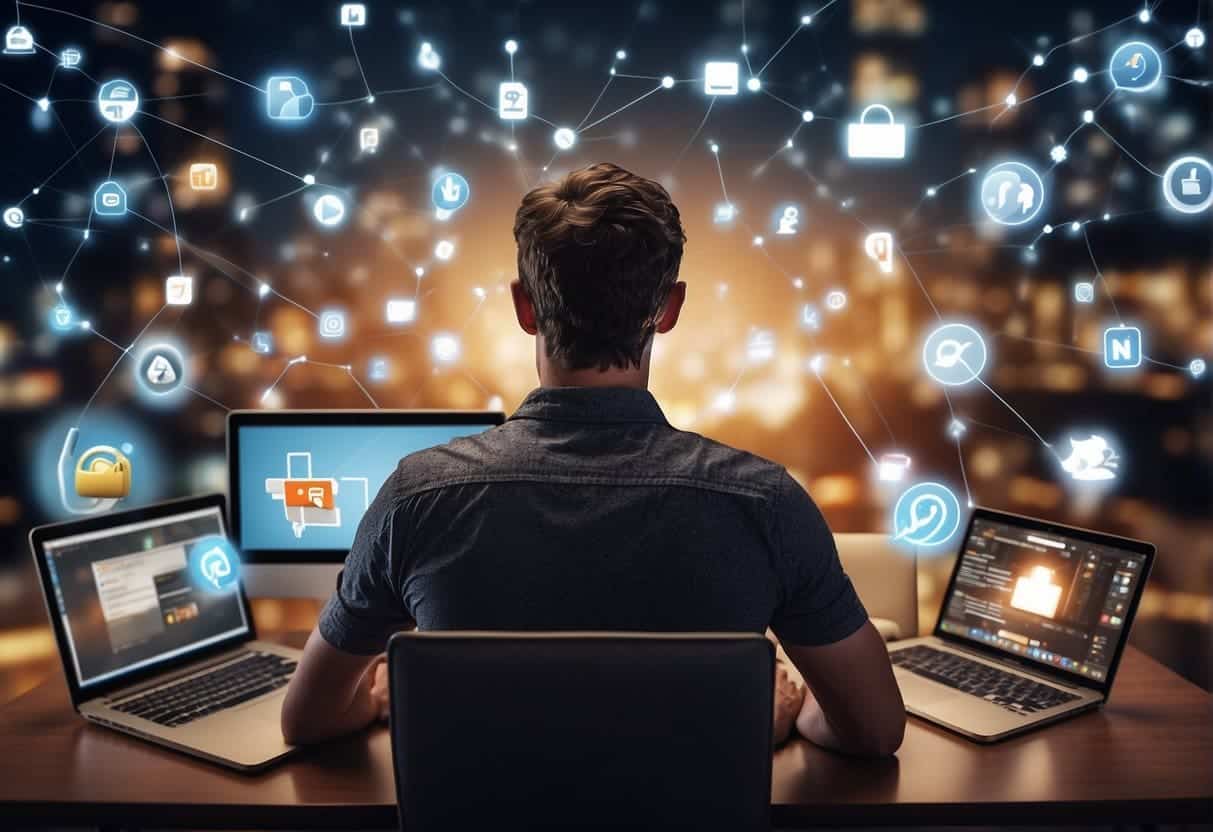 A person typing on a laptop, surrounded by social media and search icons, with algorithm change notifications popping up on the screen