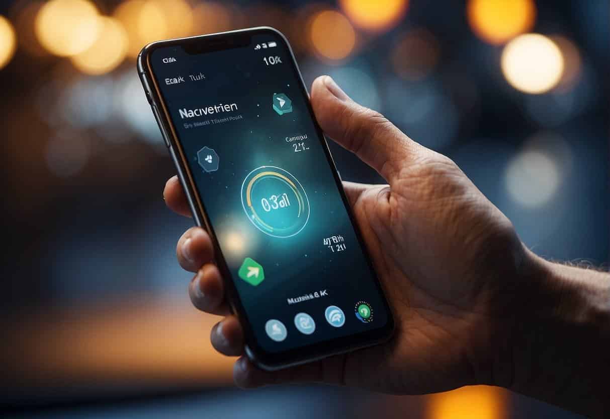 A smartphone with a series of notifications, a progress bar, and a reward icon. A person's hand reaching for the phone
