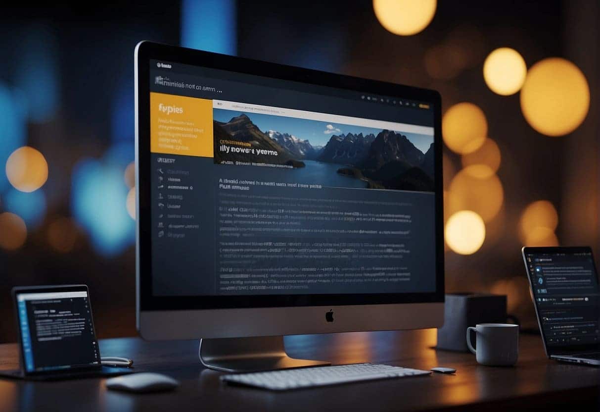A computer screen displaying a website with a prominent SERP feature, surrounded by visual elements and design tools