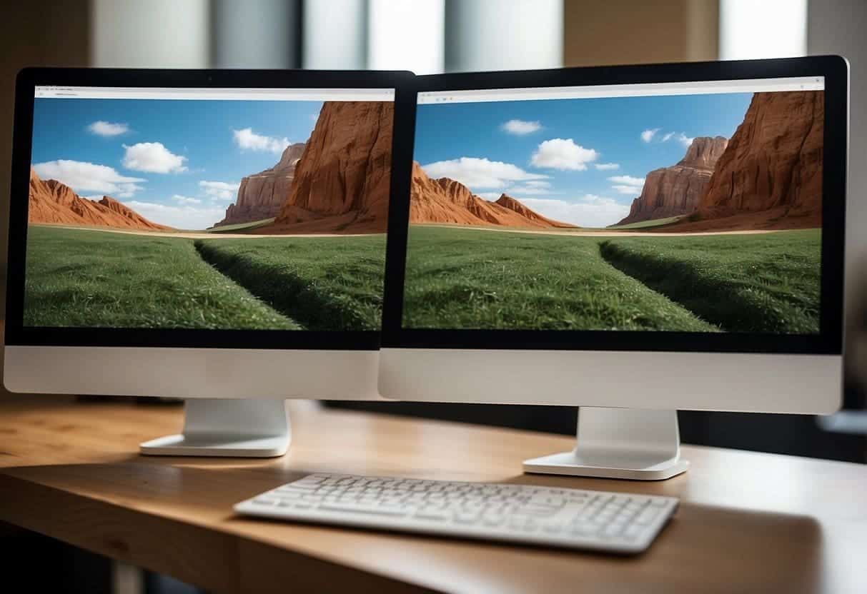 A computer screen split in half, one side showing clean, user-friendly website design (white hat SEO), the other side displaying shady tactics (black hat SEO)