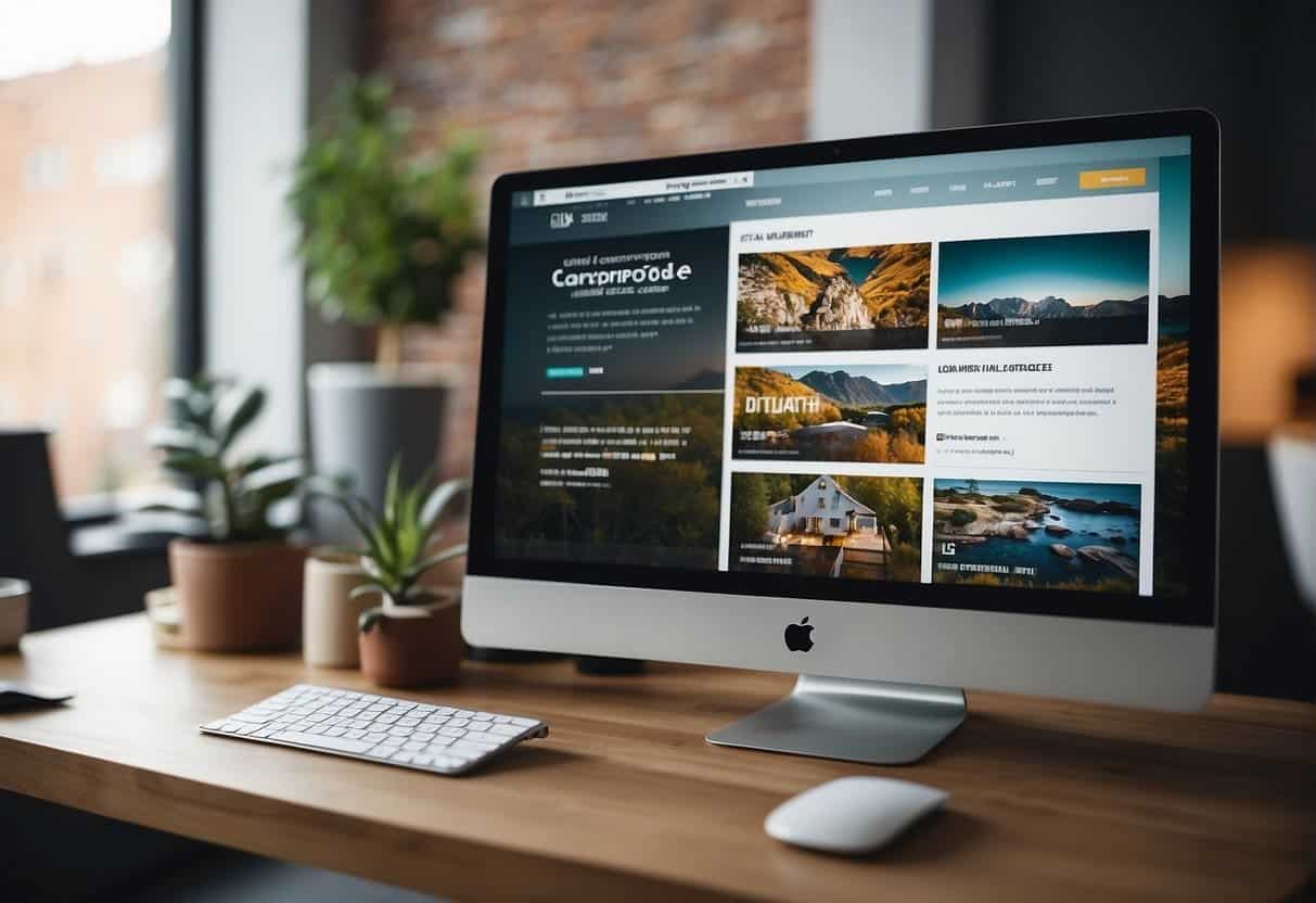 A computer screen displaying a website with well-structured content, accompanied by relevant images and clear navigation. SERP features like rich snippets and knowledge panels are visible