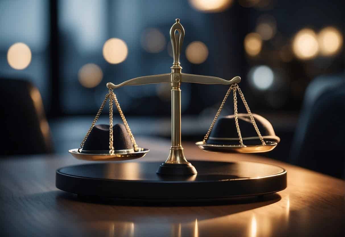 A scale balancing "white hat" and "black hat" SEO tactics, with a spotlight shining on "content strategies" as the central focus