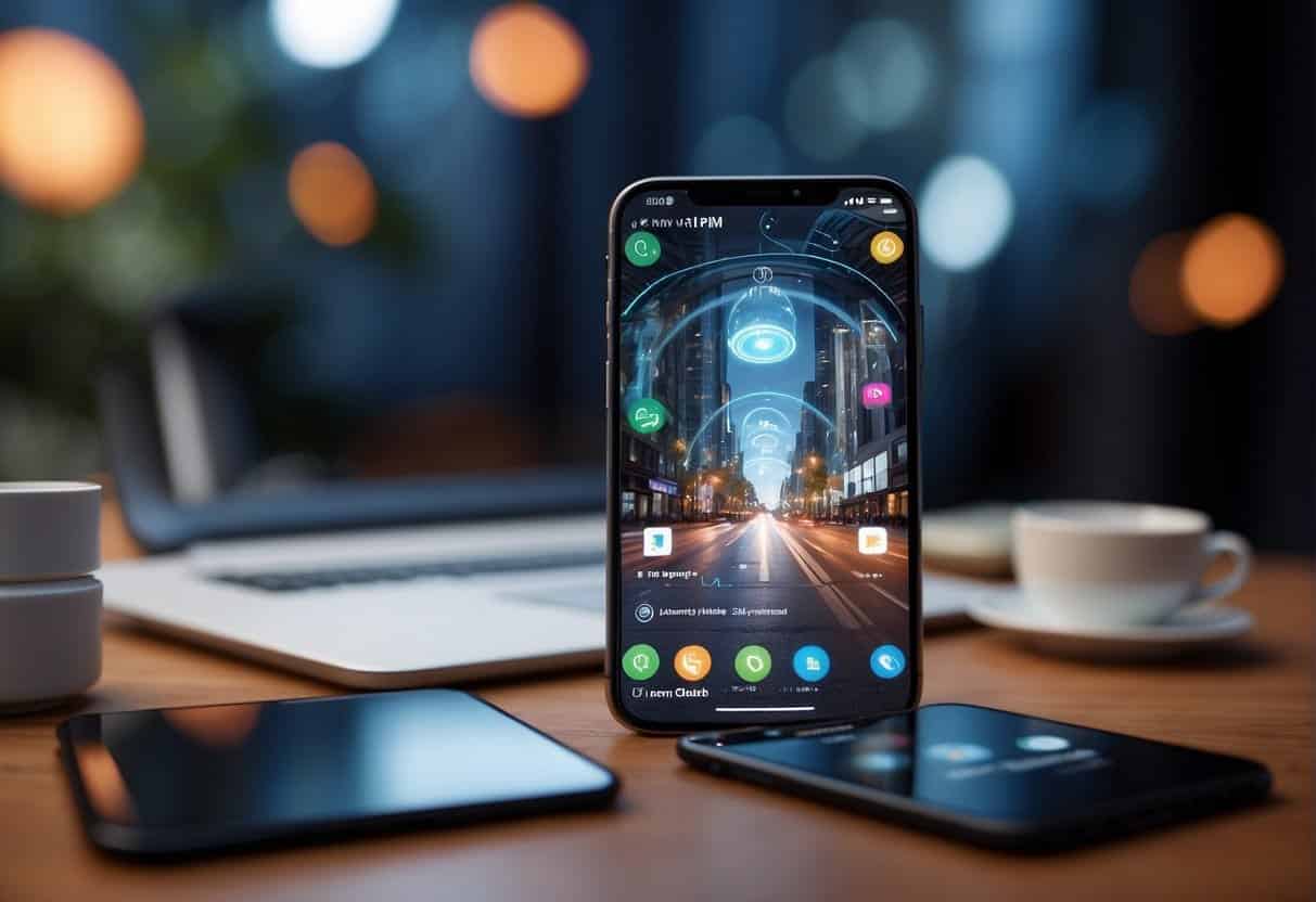 A smartphone displaying augmented reality overlays on a web page, with interactive elements and 3D models enhancing user engagement