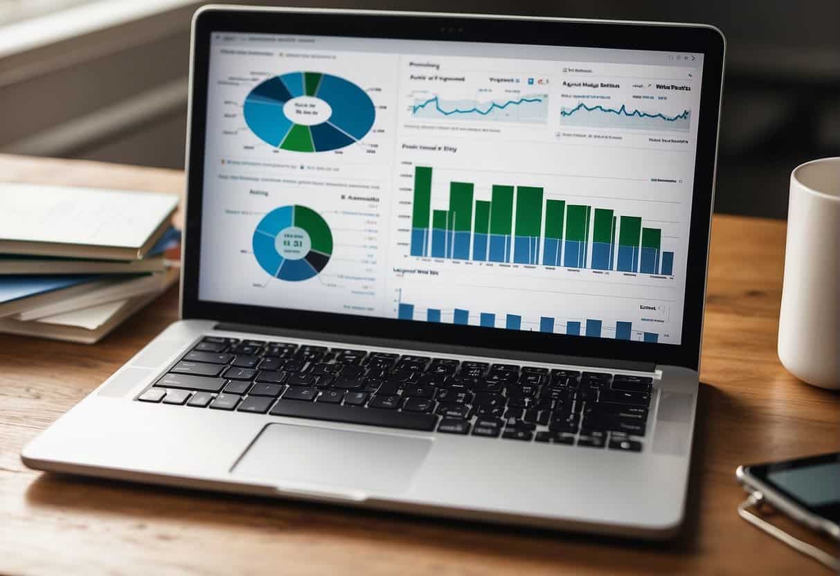 A laptop displaying SEO analytics for a home builder's website, with charts and graphs showing keyword rankings and site traffic