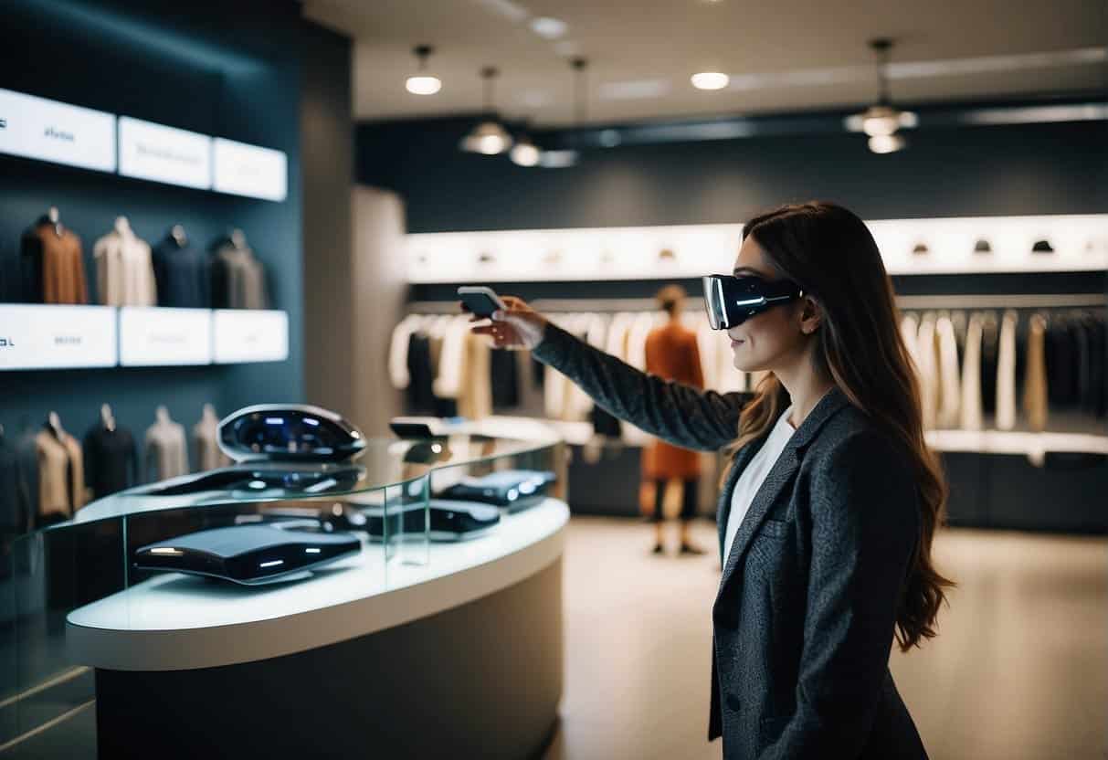 A person interacts with AR technology in a retail store, trying on virtual clothing and accessories before making a purchase