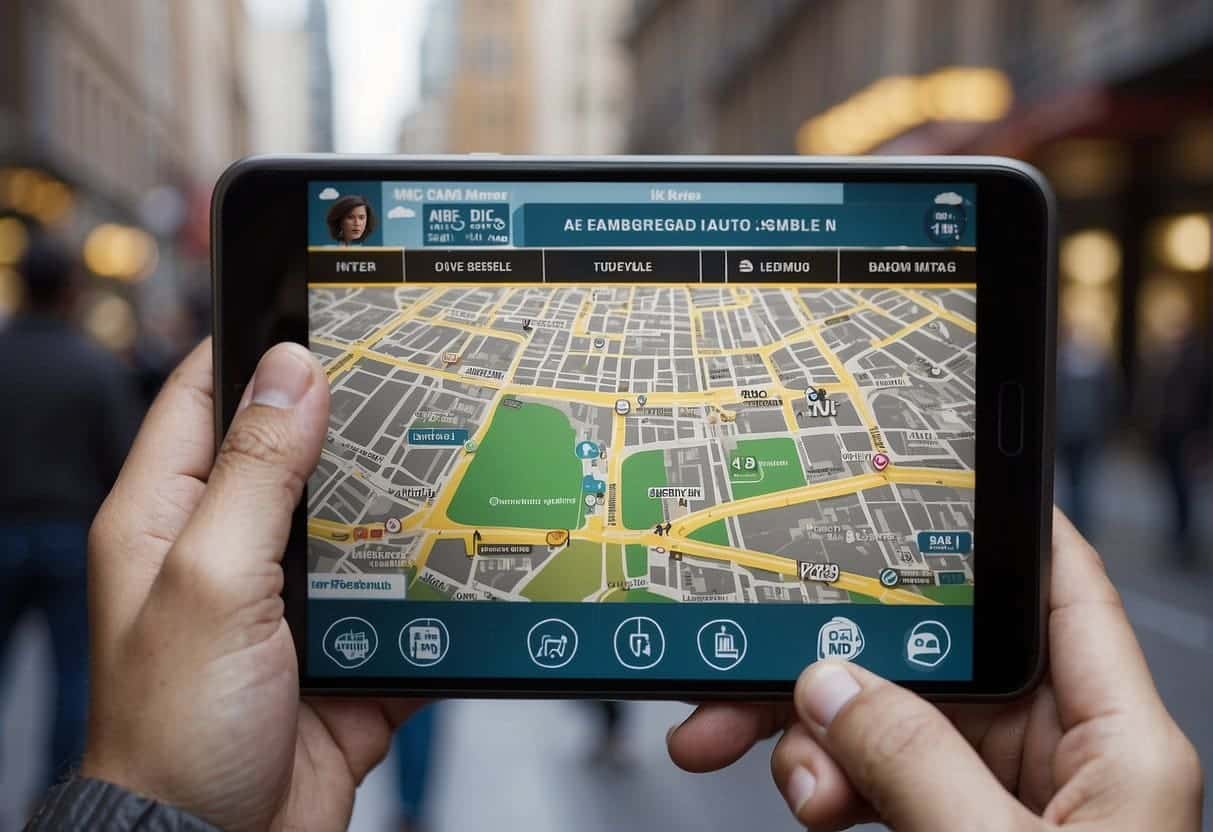 A bustling city street with digital overlays of historical landmarks and interactive maps, as tourists explore using AR devices