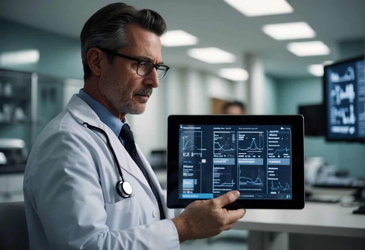 A doctor uses AR to overlay patient data in a hospital setting, enhancing diagnosis and treatment
