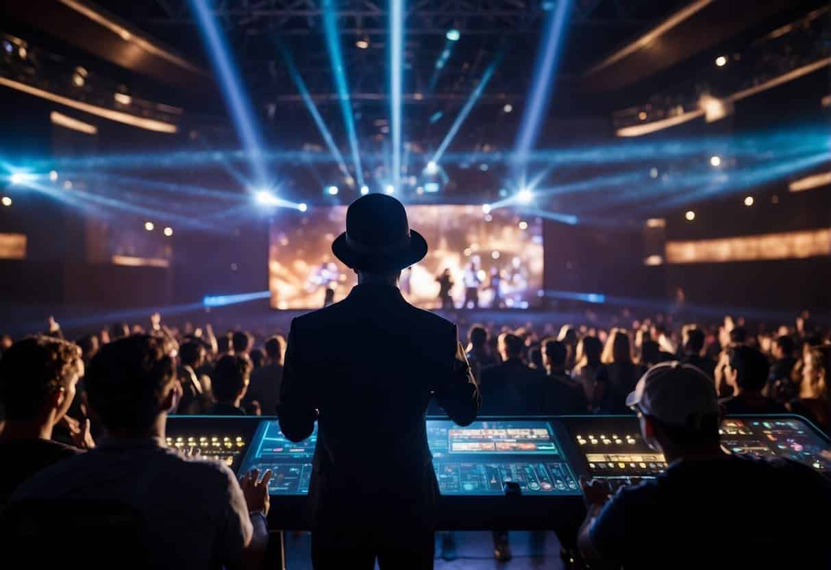 A virtual concert with AR effects, audience members interacting with holographic performers, and gaming experiences integrated with real-world environments