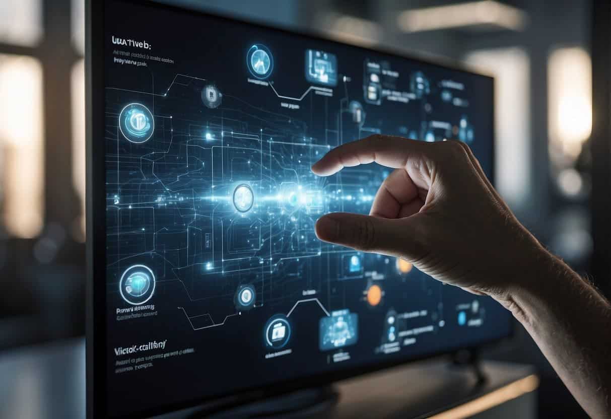 A hand reaches out to touch a virtual object in an AR interface, with interactive elements and user inputs displayed on the screen