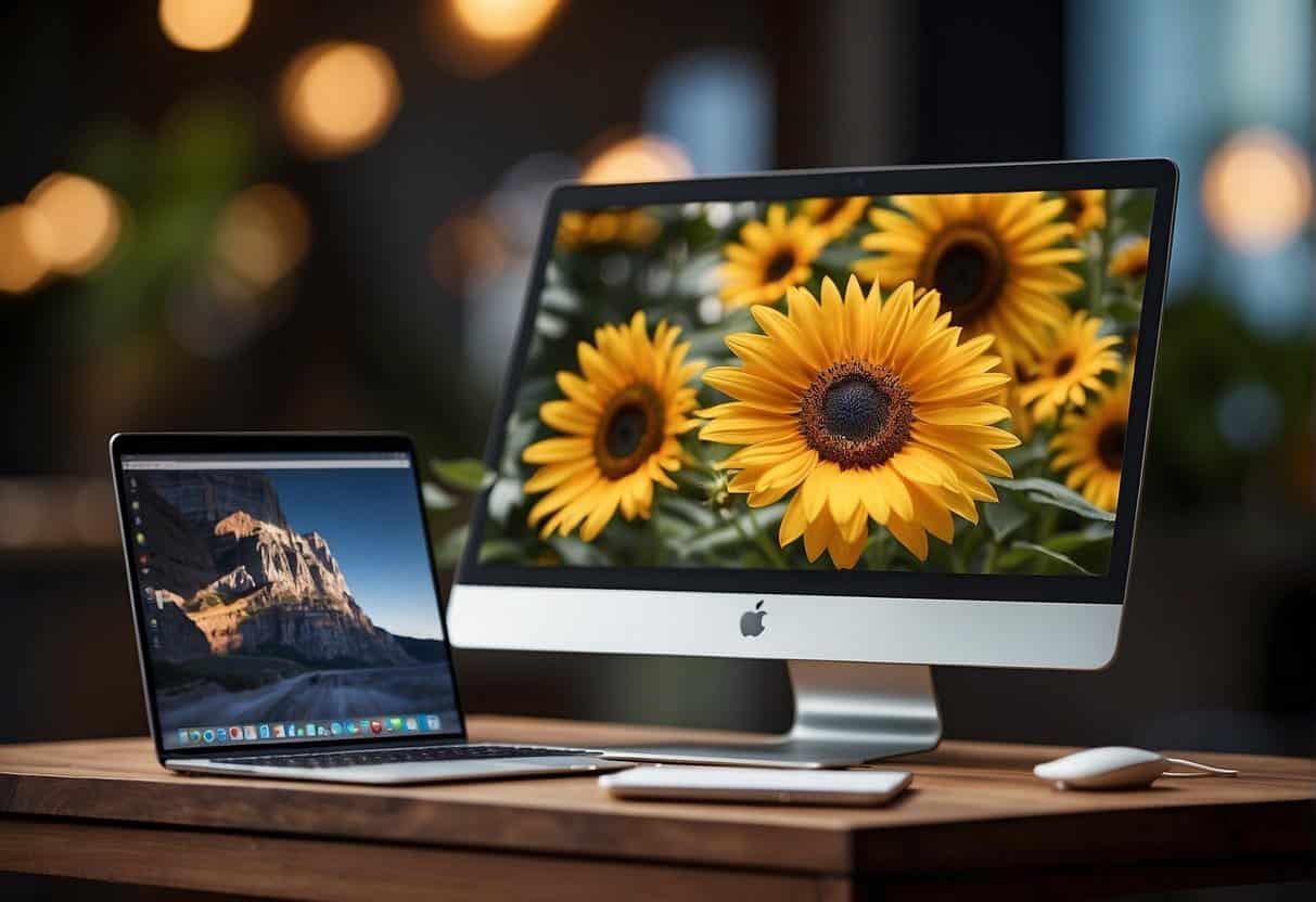 A laptop, smartphone, and tablet display AR content. Each device shows a different interactive interface