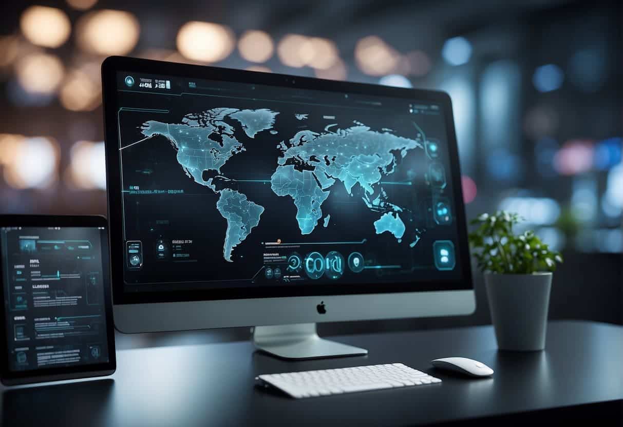 A computer screen displaying a futuristic web design with interactive AR elements. The interface is sleek and modern, with dynamic 3D graphics and seamless user interaction