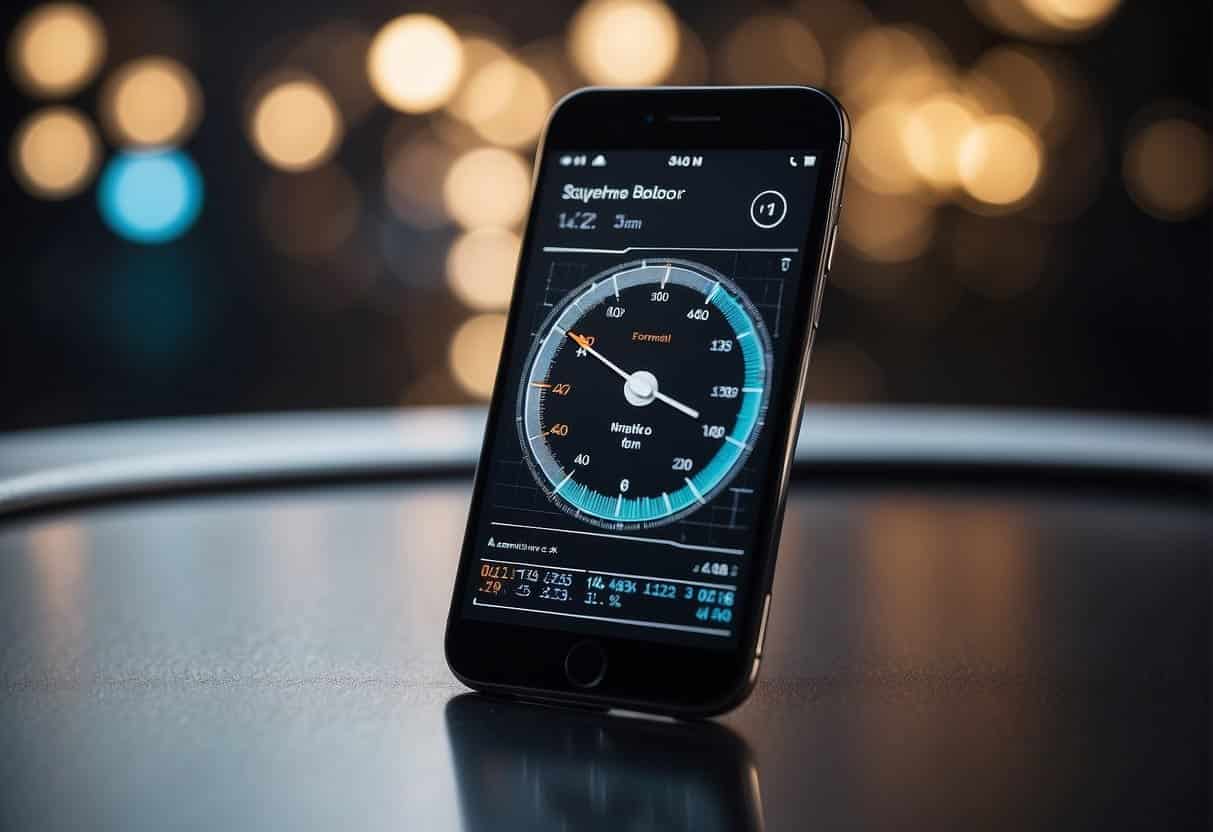 A smartphone with a speedometer and user interface elements, surrounded by data charts and graphs
