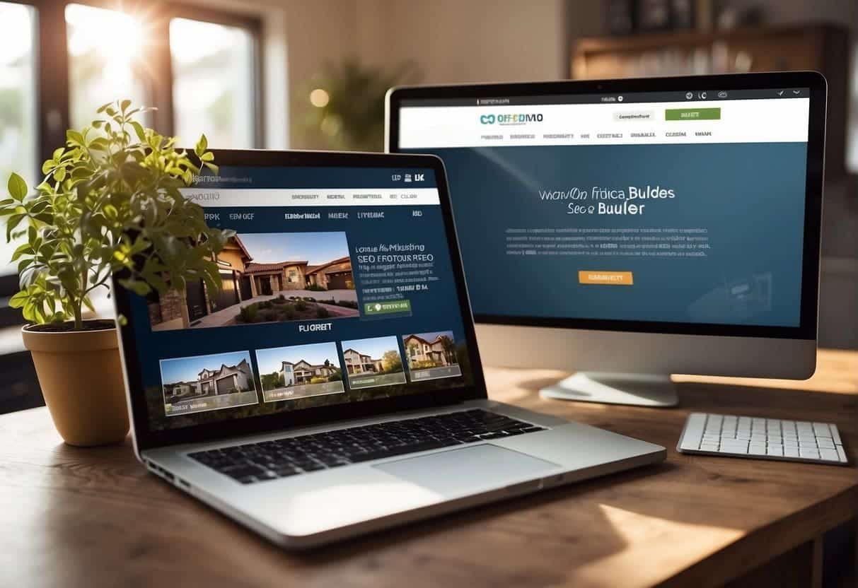A computer screen displaying a website with on-page SEO elements for local home builders. Keywords, meta tags, and internal links are highlighted