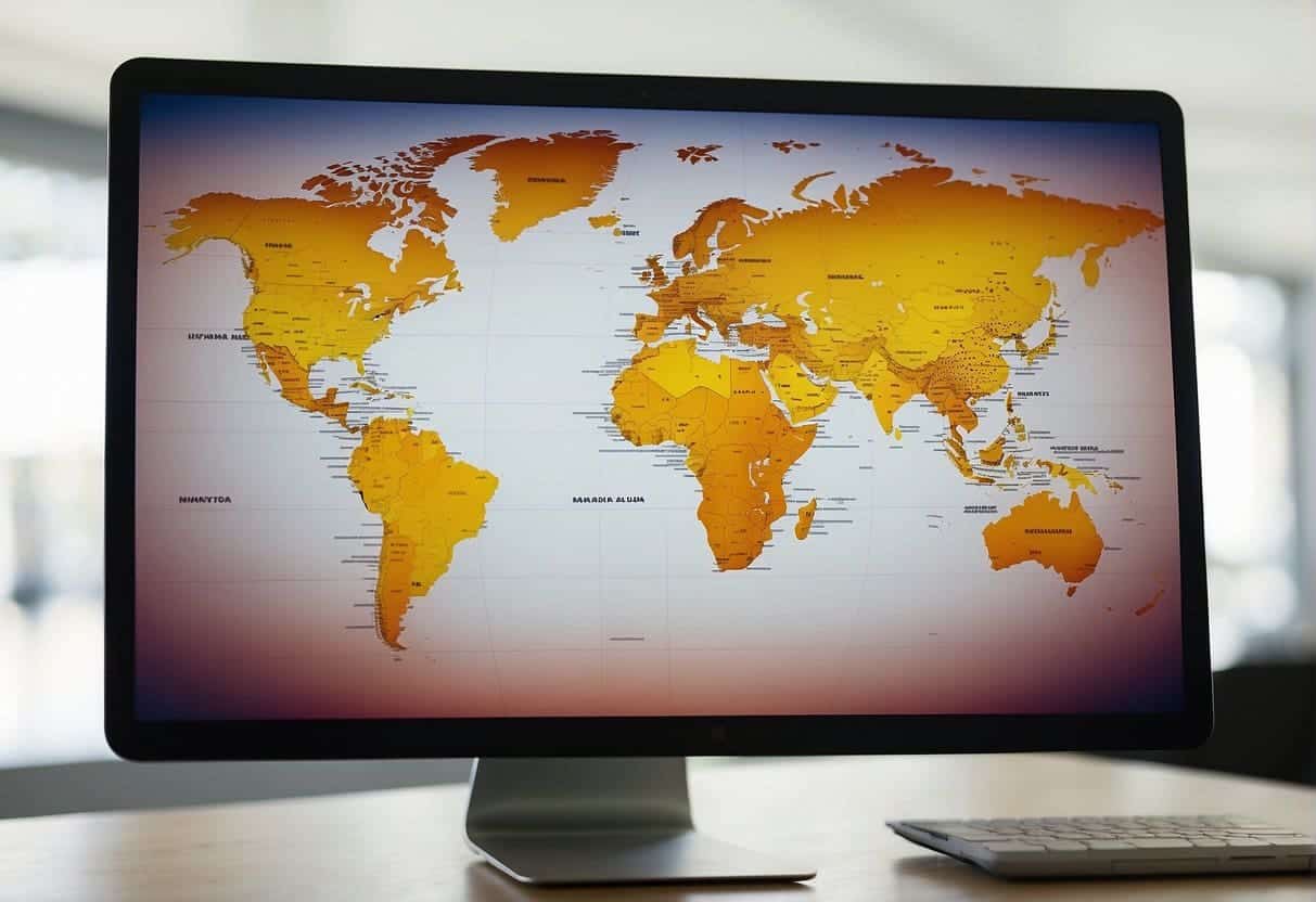A computer screen displaying a heatmap generated by Hotjar, with vibrant colors indicating areas of high user engagement. The map is surrounded by data and analytics charts, highlighting the tool's effectiveness in optimizing website performance