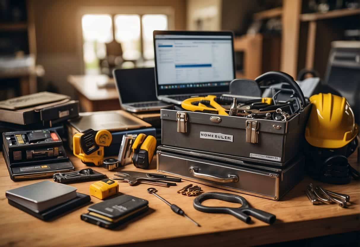 A toolbox overflowing with tools, a laptop open to a local SEO guide, and a stack of business cards with "home builder" prominently displayed