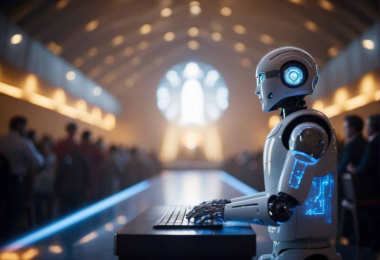 An AI robot leads a religious service, projecting holographic images and reciting prayers in a modern, tech-filled religious space