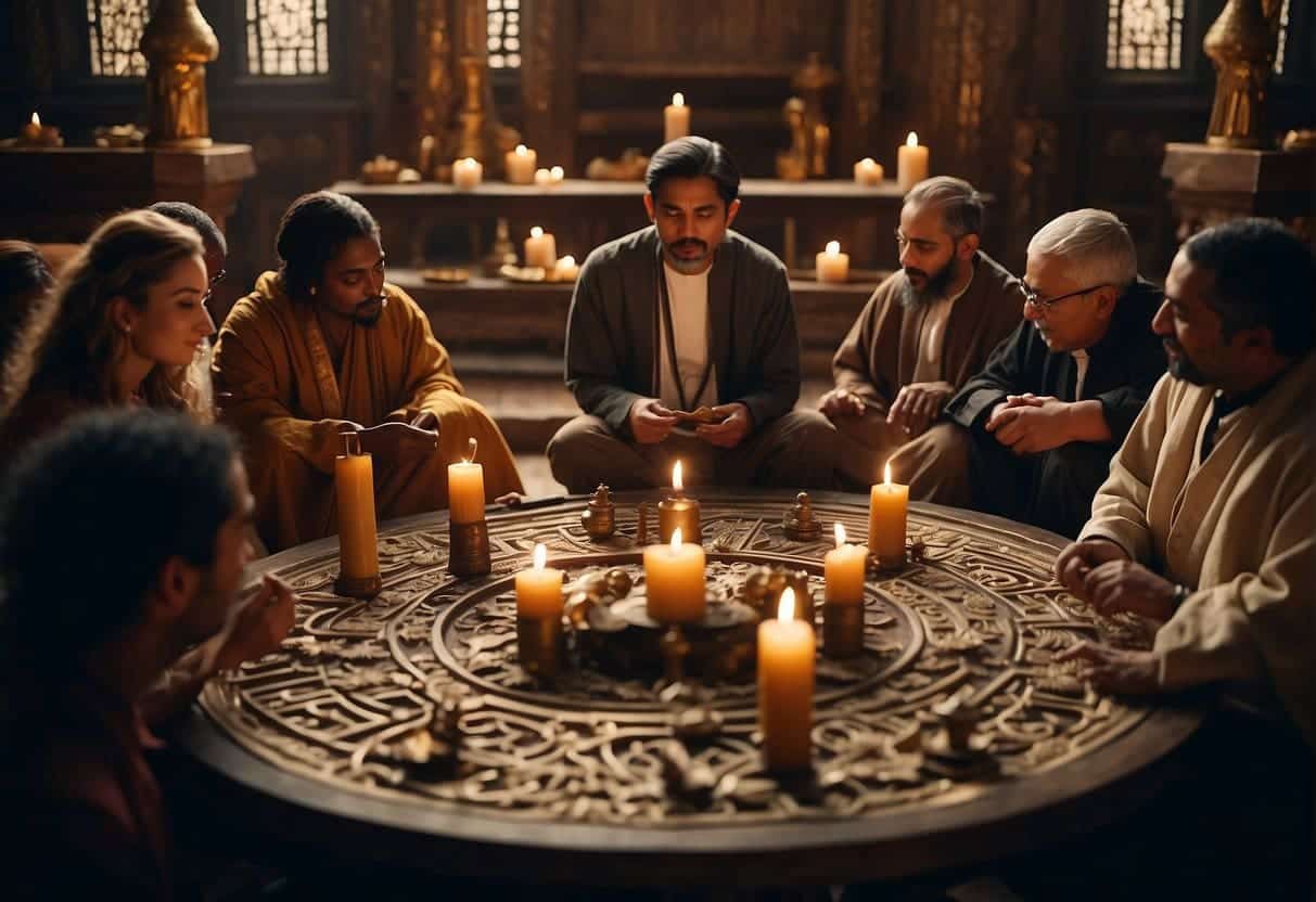 A diverse group of people engaging in religious and spiritual practices, surrounded by symbols and artifacts representing various cultural and religious identities