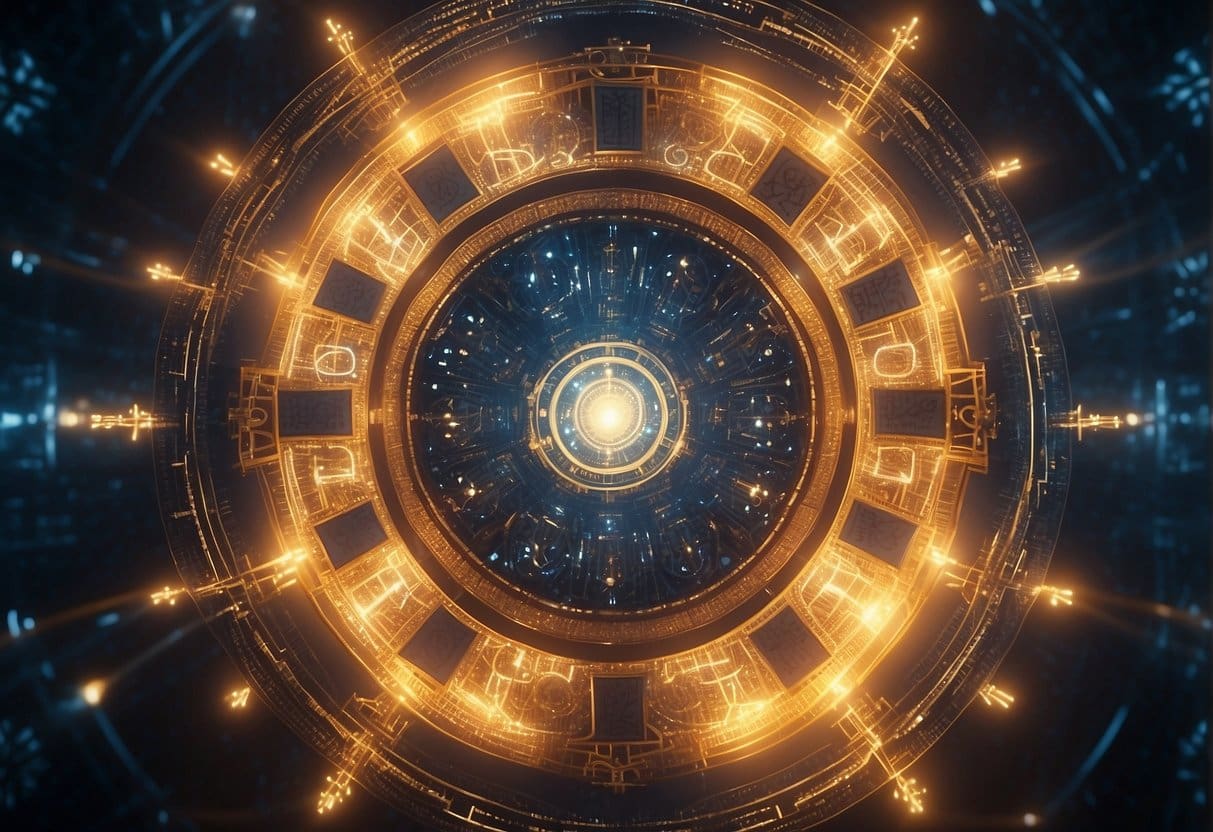 A glowing AI interface surrounded by religious symbols and texts. Light emanates from the center, symbolizing the integration of technology and spirituality